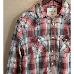 Aeropostale Mens Medium M Red Plaid Shirt Western Pearl Snap Button Down LS Top